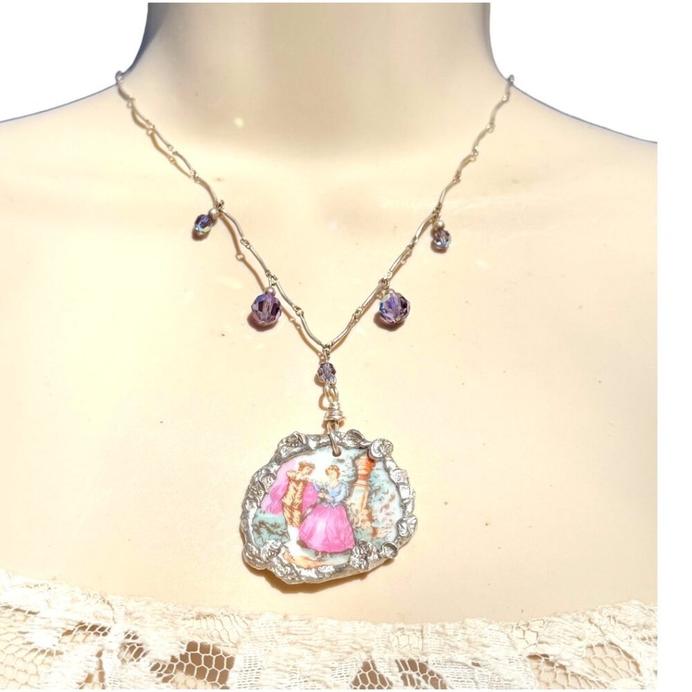 Broken China Hand-Painted Porcelain Fragonard Cameo w/ Sterling Silver Necklace - Picture 4 of 13